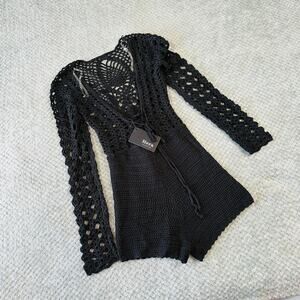 adorable black crochet babydoll hotpants boho festival long sleeve romper S/M